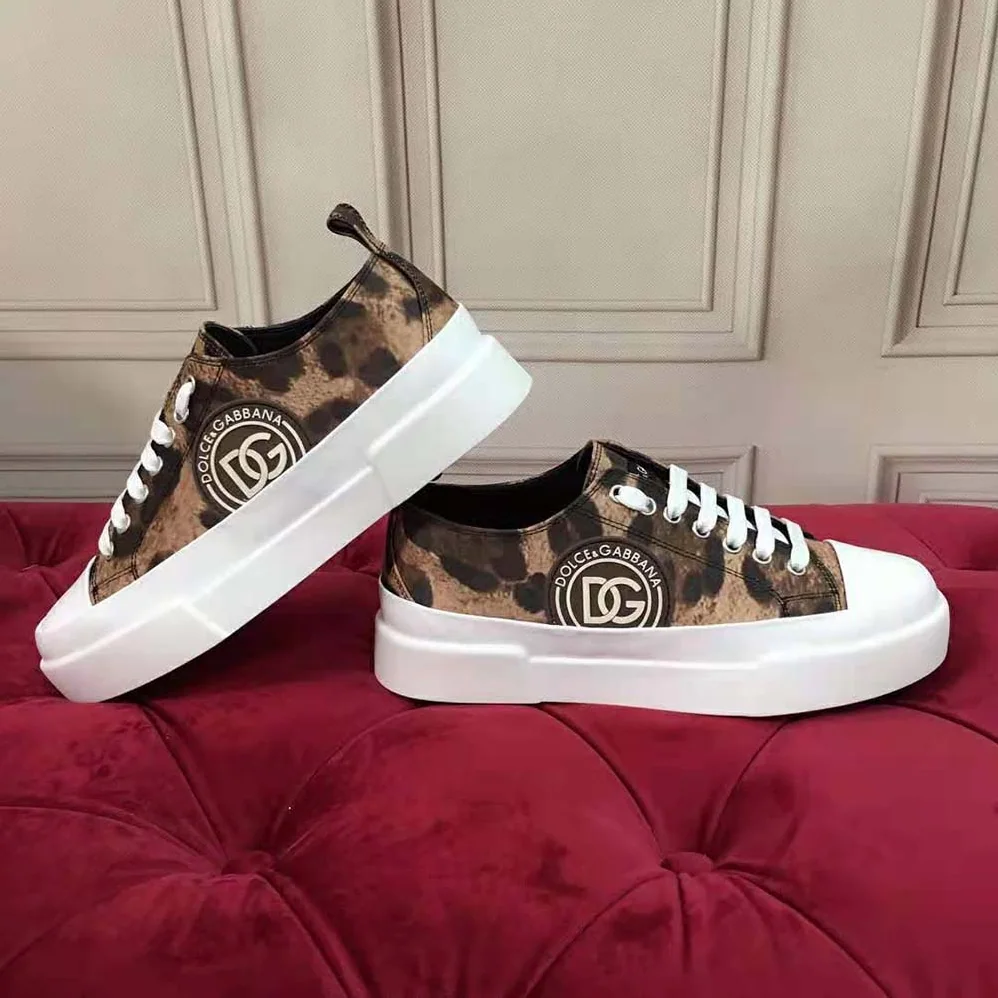 Dolce Gabbana D&G Cotton Drill Portofino Light Sneakers with Leopard Print and DG Logo for Women
