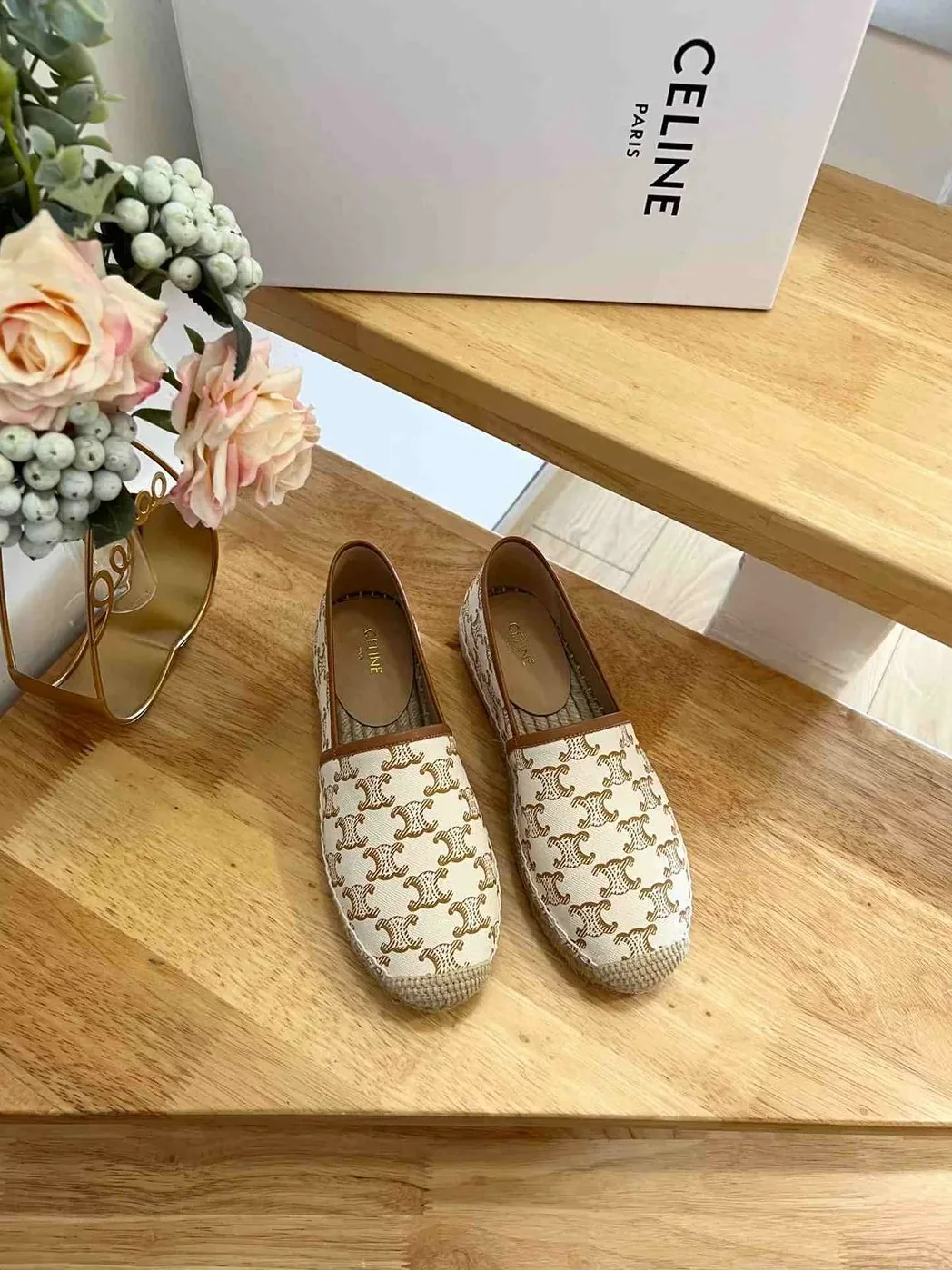 Celine Flat Espadrille With Triomphe In Triomphe Canvas White .01EC Celine Flat Espadrille With Triomphe In Triomphe Canvas White .01EC