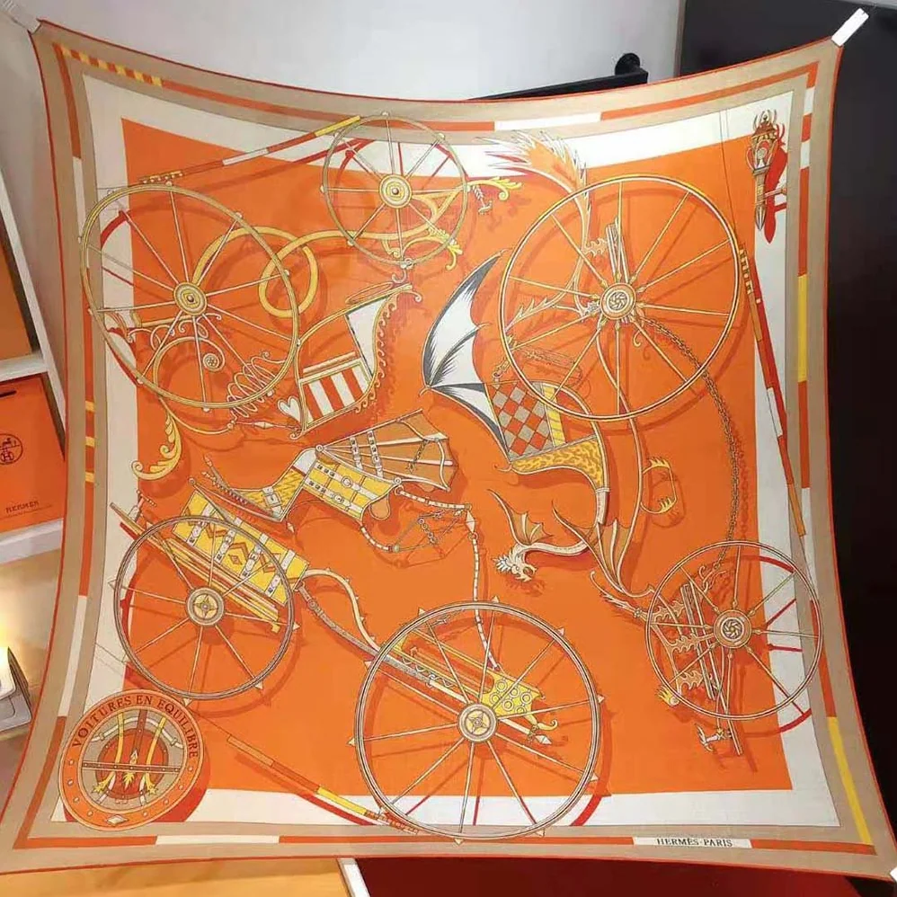 Hermes Voitures En Equilibre Shawl 140 for Women in Orange Hermes Voitures En Equilibre Shawl 140 for Women in Orange