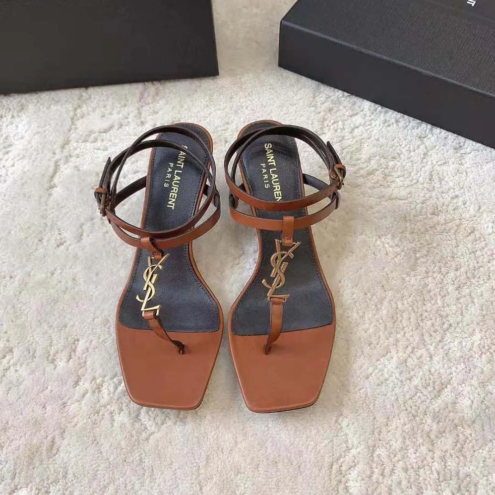 Saint Laurent YSL Cassandra Sandals in Smooth Leather for Women in Brown