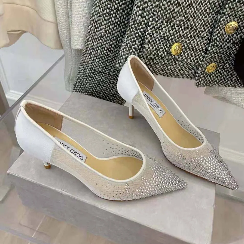 Jimmy Choo Love 85 White Mesh Pointed-Toe Pumps with Degrade Crystals for Women