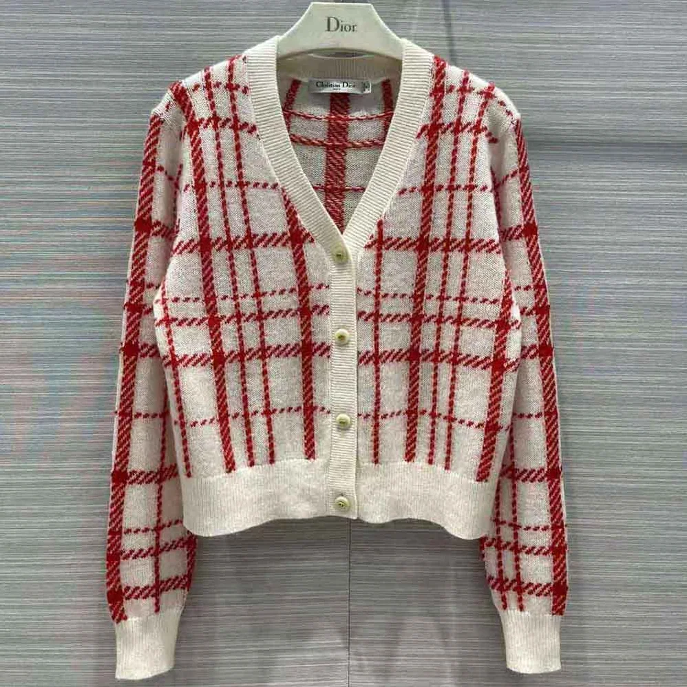 Dior Buttoned Cardigan Raspberry and Ecru Check'n'Dior Pop Technical Wool for Women