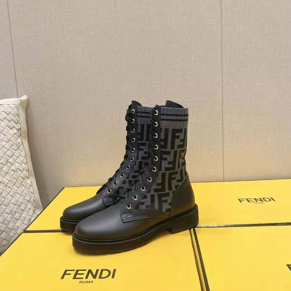 Fendi Rockoko Black Leather Biker Boots with Stretch Fabric for Women