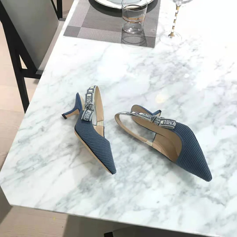 Dior J'Adior Slingback Pump Denim Blue Embroidered Cotton for Women Dior J'Adior Slingback Pump Denim Blue Embroidered Cotton for Women