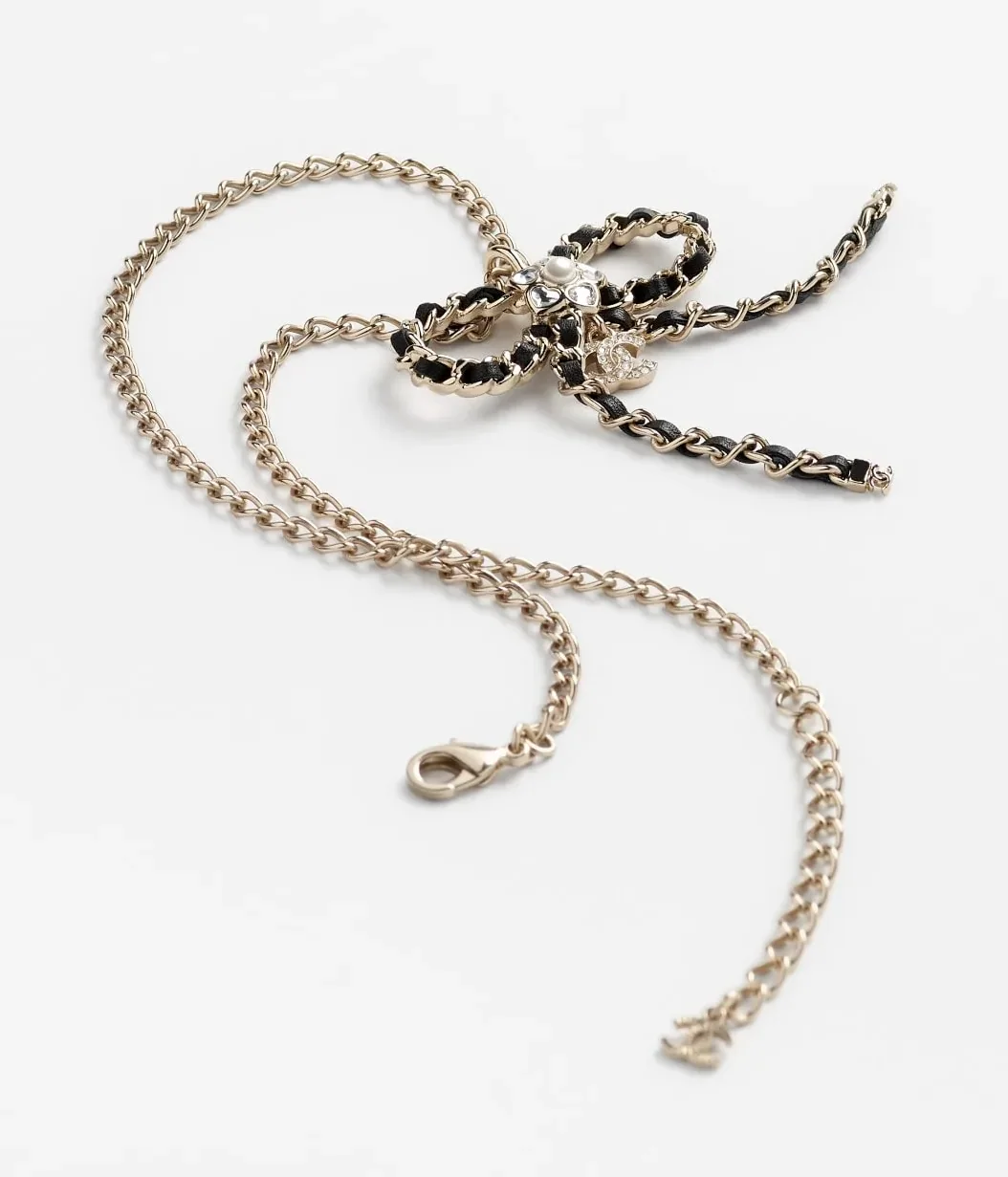 Chanel Bow Necklace Gold Pearly White Crystal