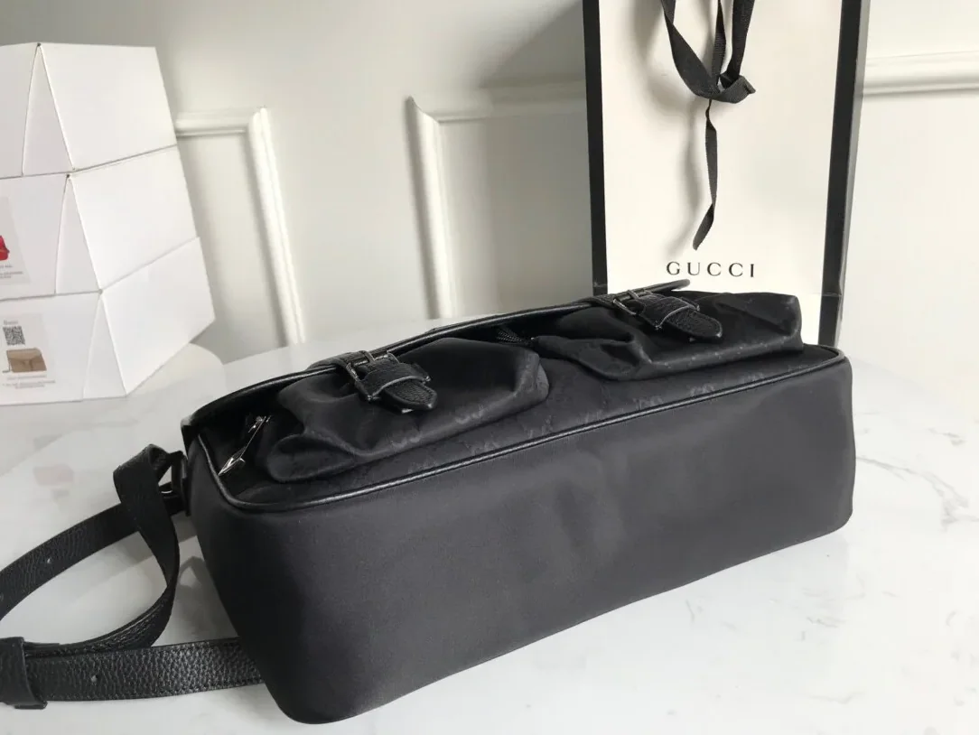 Gucci Shoulder Bag Nylon Shima Black GG Embossed /