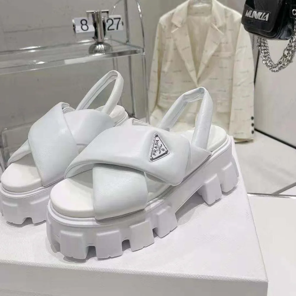 Prada Monolith Padded Nappa Leather Sandals for Women in White Prada Monolith Padded Nappa Leather Sandals for Women in White
