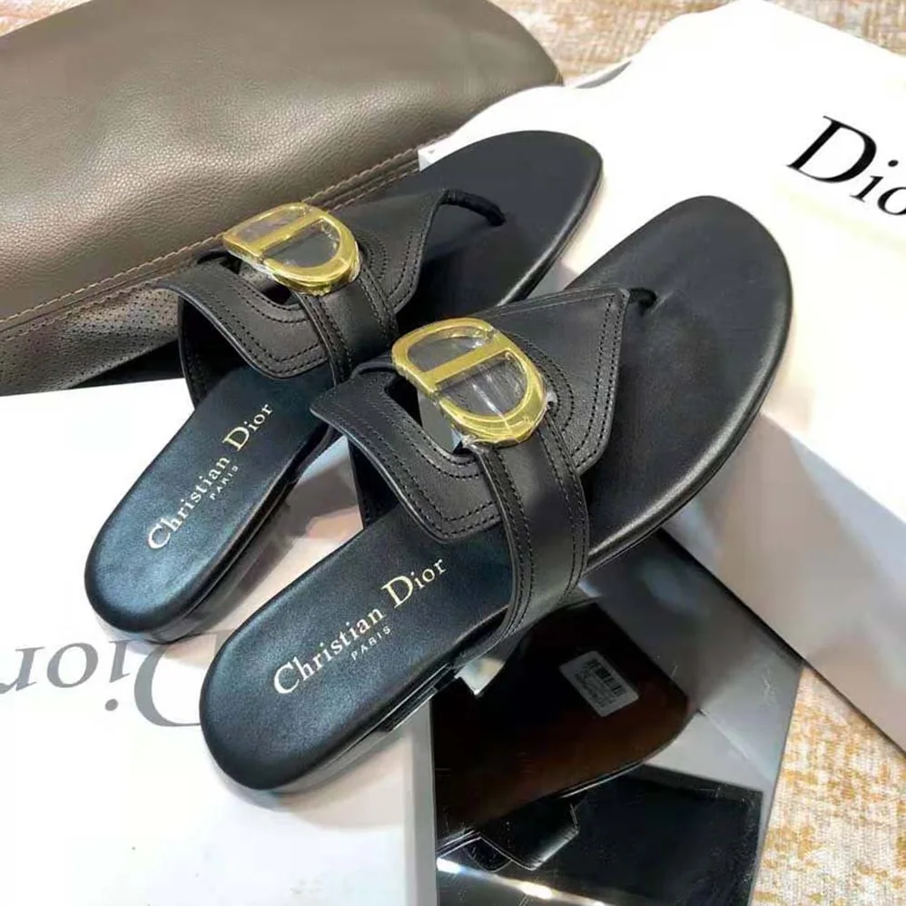 Dior 30 Montaigne Flat Thong Black Calfskin for Women Dior 30 Montaigne Flat Thong Black Calfskin for Women