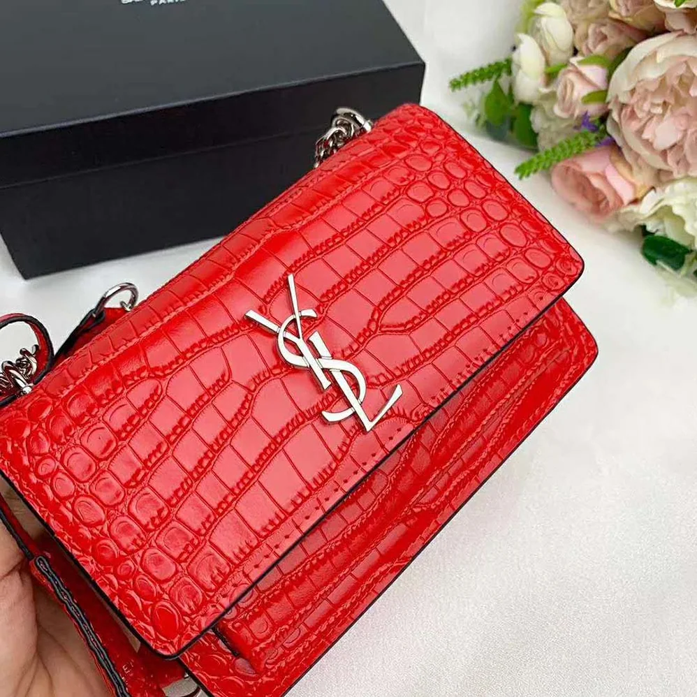Saint Laurent YSL Sunset Medium Crocodile Embossed Shiny for Women in Red