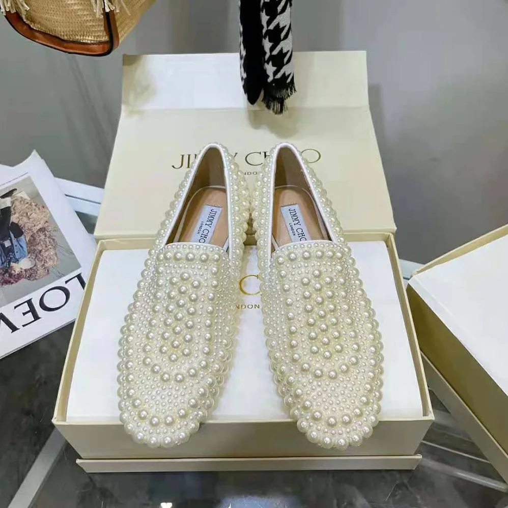 Jimmy Choo Varsha Flat White Satin Flats with All for Women in Over Pearl Embellishment