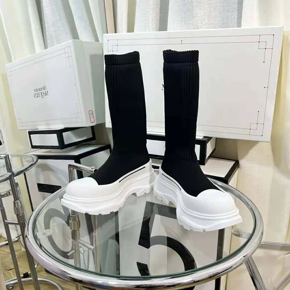 Alexander Mcqueen McQueen Graffiti Knit Tread Slick Boot in Black for Women in White Alexander Mcqueen McQueen Graffiti Knit Tread Slick Boot in Black for Women in White