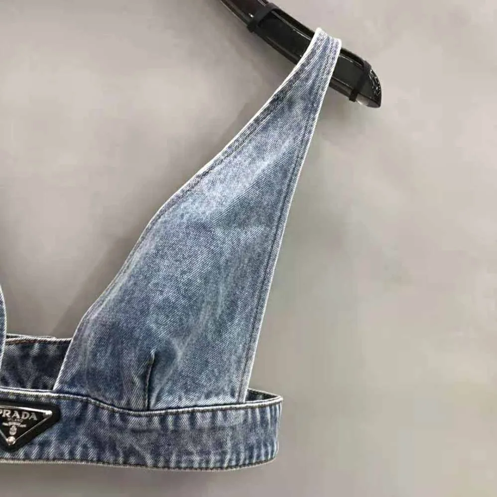Prada Organic Denim Top with Plunging V Neck is Made of Washed Organic Denim for Women in Blue