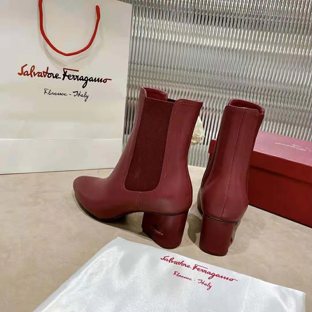 Salvatore Ferragamo Chelsea Boot in 55mm Heel for Women in Maroon Salvatore Ferragamo Chelsea Boot in 55mm Heel for Women in Maroon