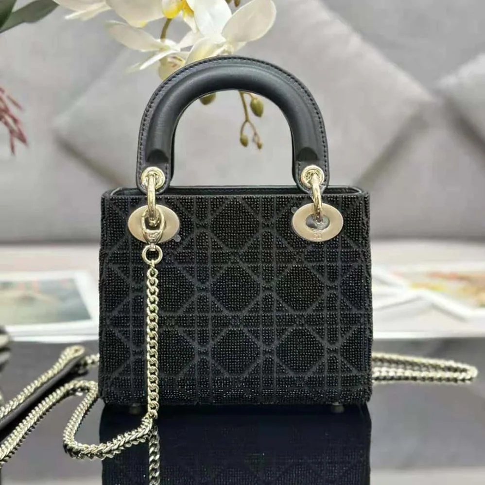 Dior Mini Lady D-joy Bag Black Cannage Cotton with Micropearl Embroidery for Women Dior Mini Lady D-joy Bag Black Cannage Cotton with Micropearl Embroidery for Women