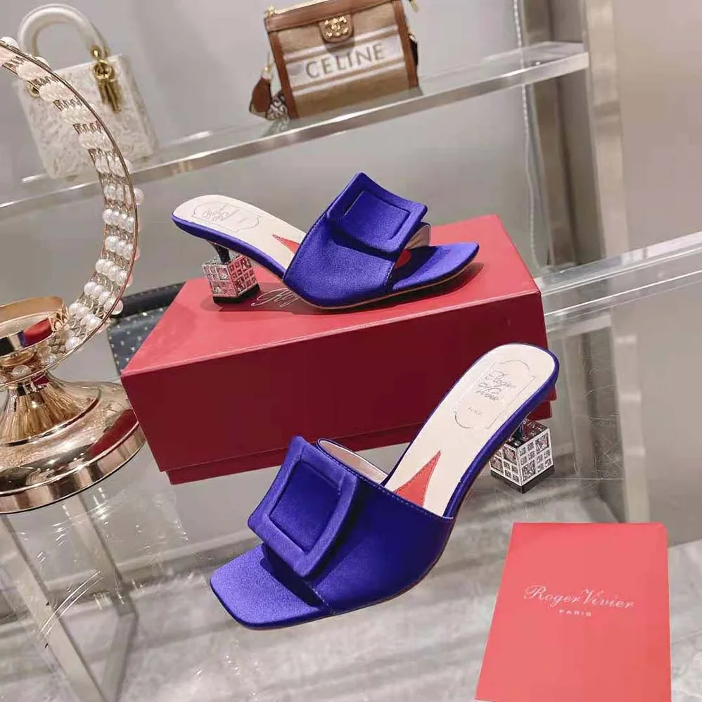 Roger Vivier Cube Strass Heel Mules in Satin for Women in Purple Roger Vivier Cube Strass Heel Mules in Satin for Women in Purple