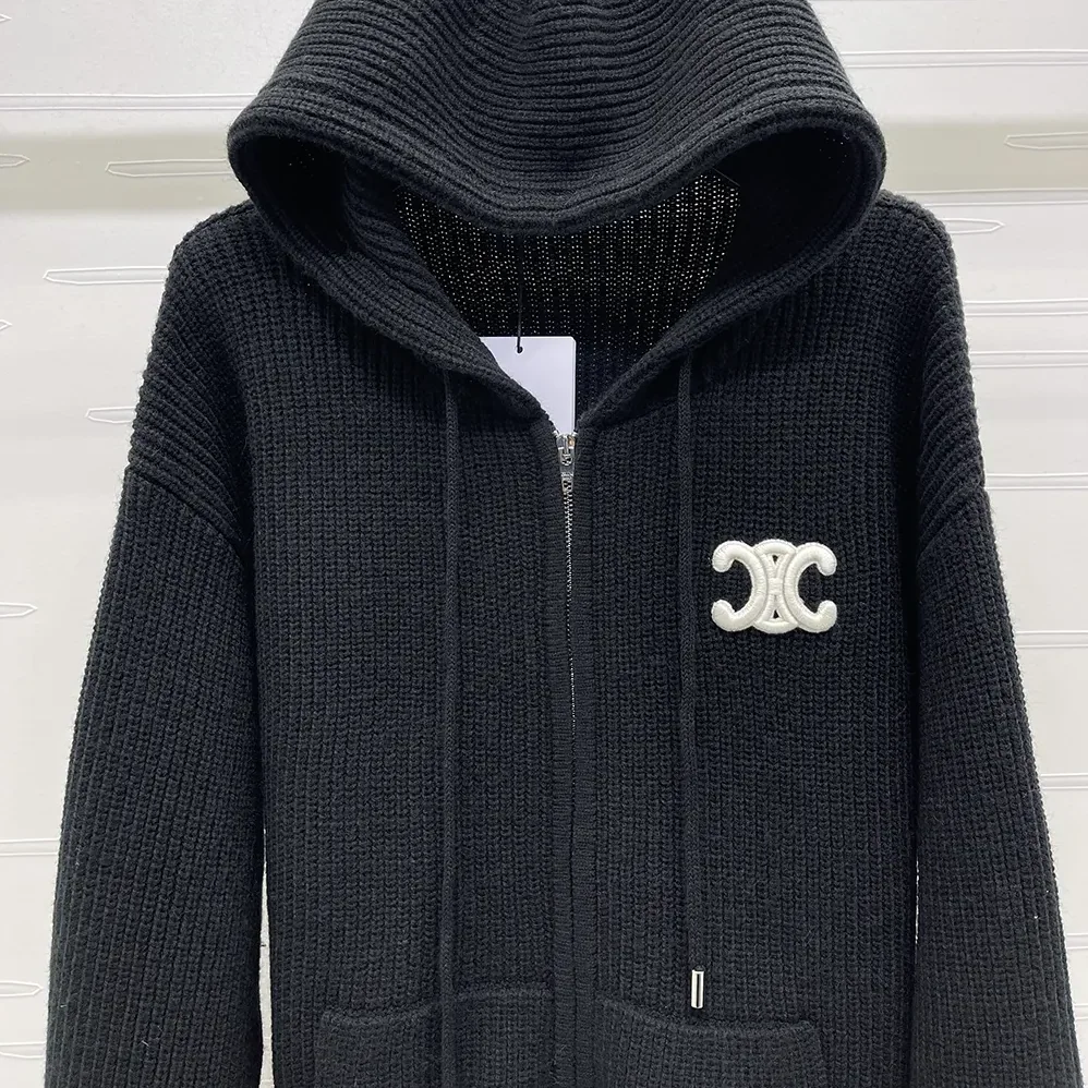 Celine Hooded Cardigan in Ribbed Wool for Women in Black