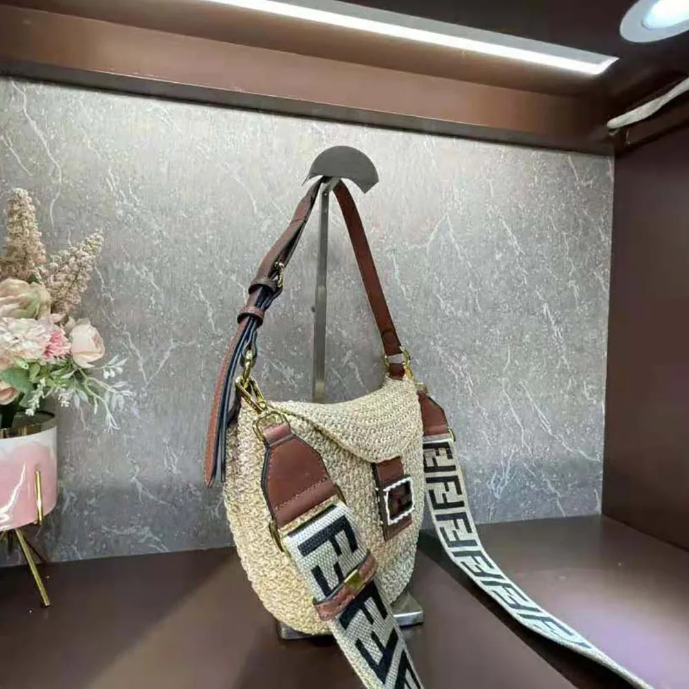 Fendi Small Croissant Woven Straw Bag for Women in Beige