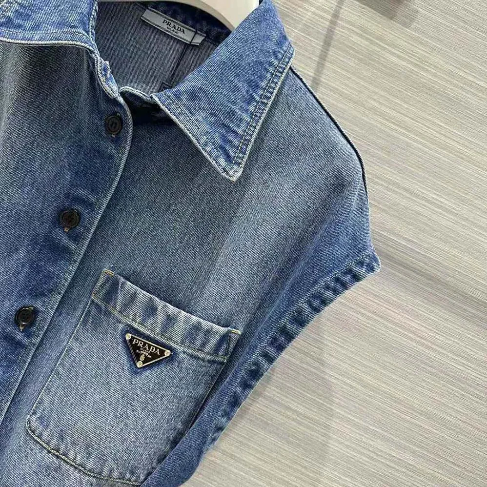 Prada Denim Shirt with Triangle Logo for Women in Navy Prada Denim Shirt with Triangle Logo for Women in Navy