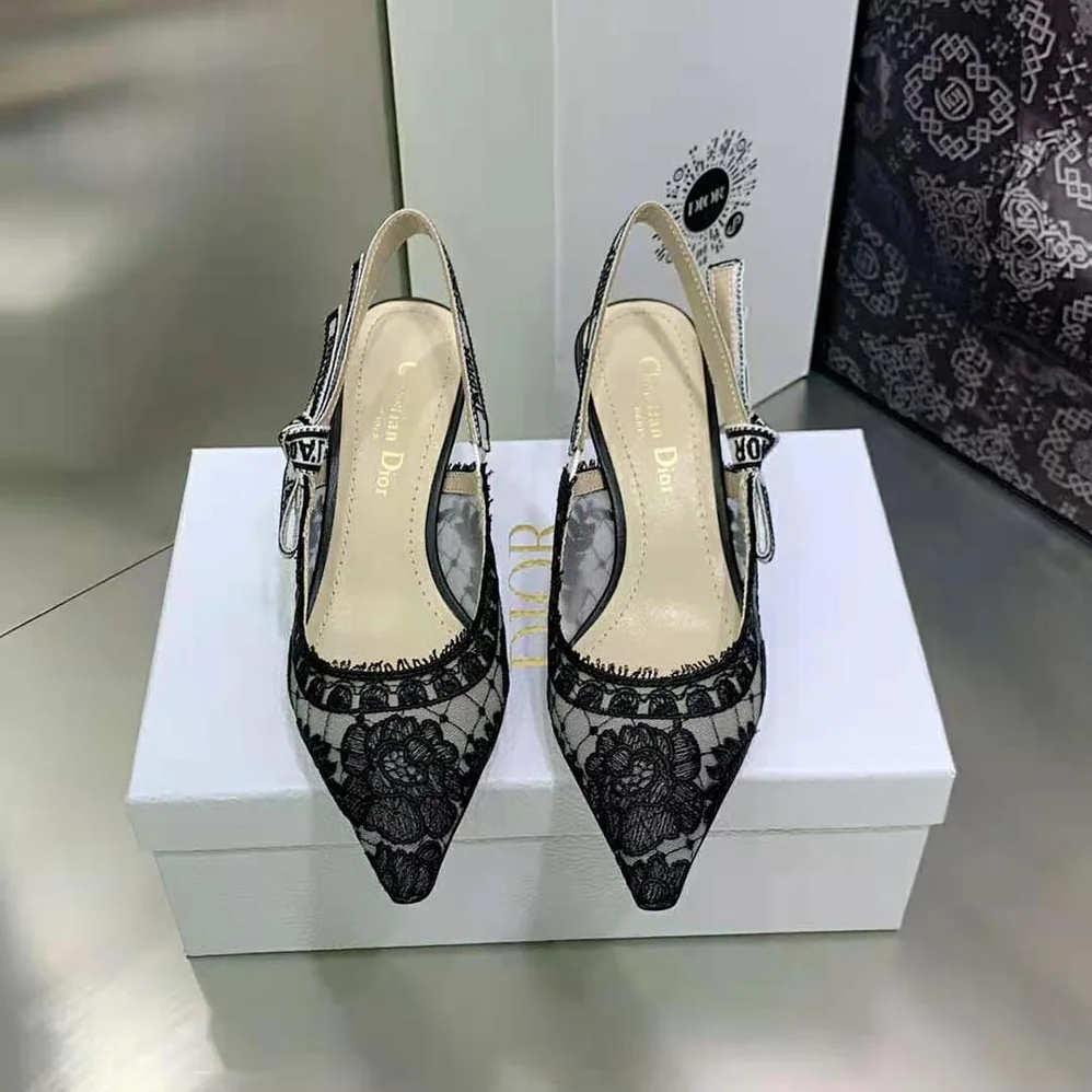Dior J'Adior Slingback Pump Black Transparent Mesh Embroidered with Dior Roses Motif for Women Dior J'Adior Slingback Pump Black Transparent Mesh Embroidered with Dior Roses Motif for Women