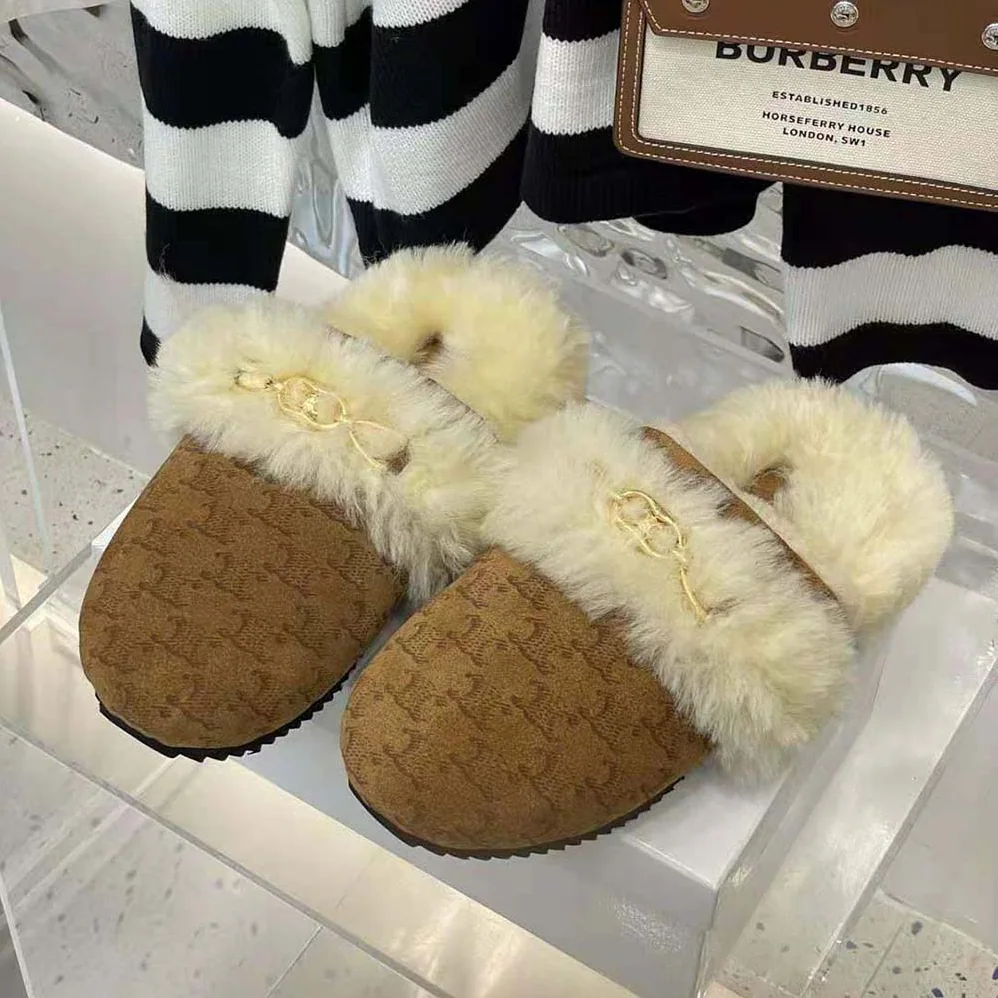 Celine Fur Slides Triomphe Closed Slipper in Suede Calfskin and Shearling for Women Celine Fur Slides Triomphe Closed Slipper in Suede Calfskin and Shearling for Women