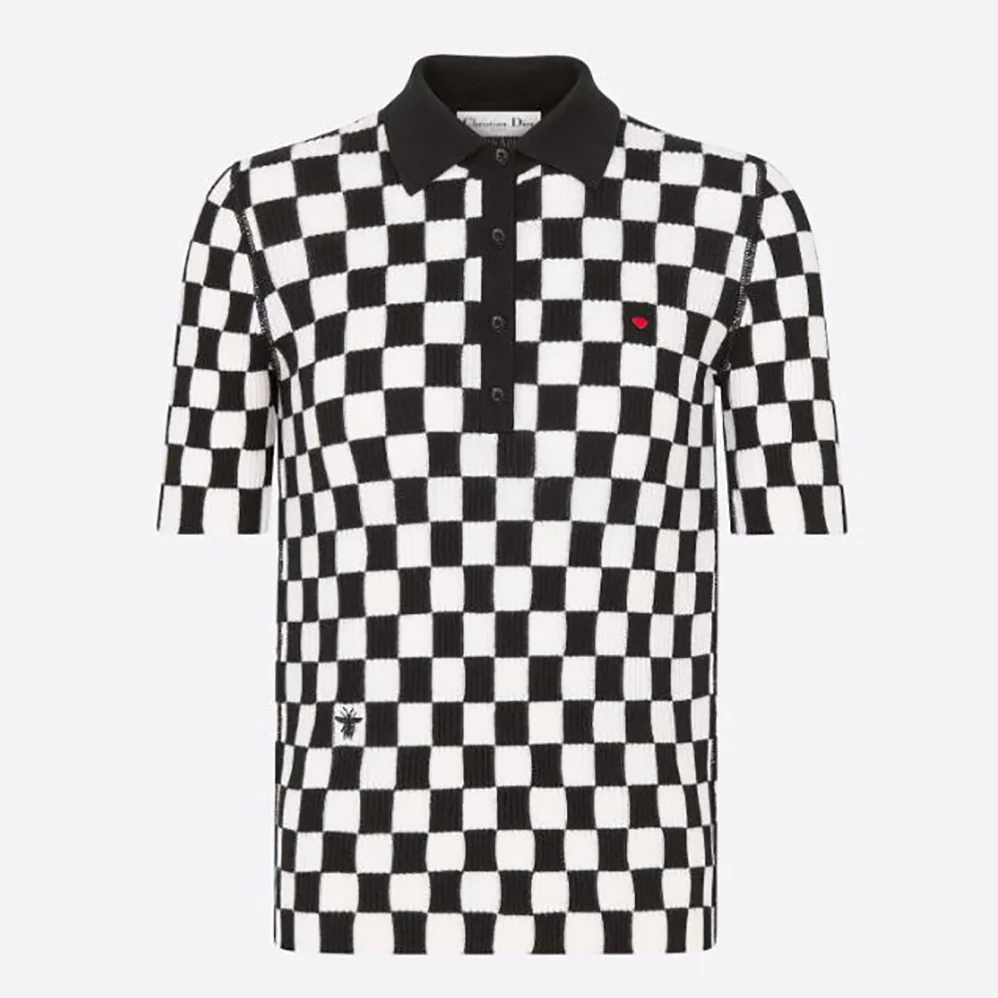 Dior Dioramour Polo Shirt Black and White D-Chess Heart Cashmere Knit and Silk for Women Dior Dioramour Polo Shirt Black and White D-Chess Heart Cashmere Knit and Silk for Women