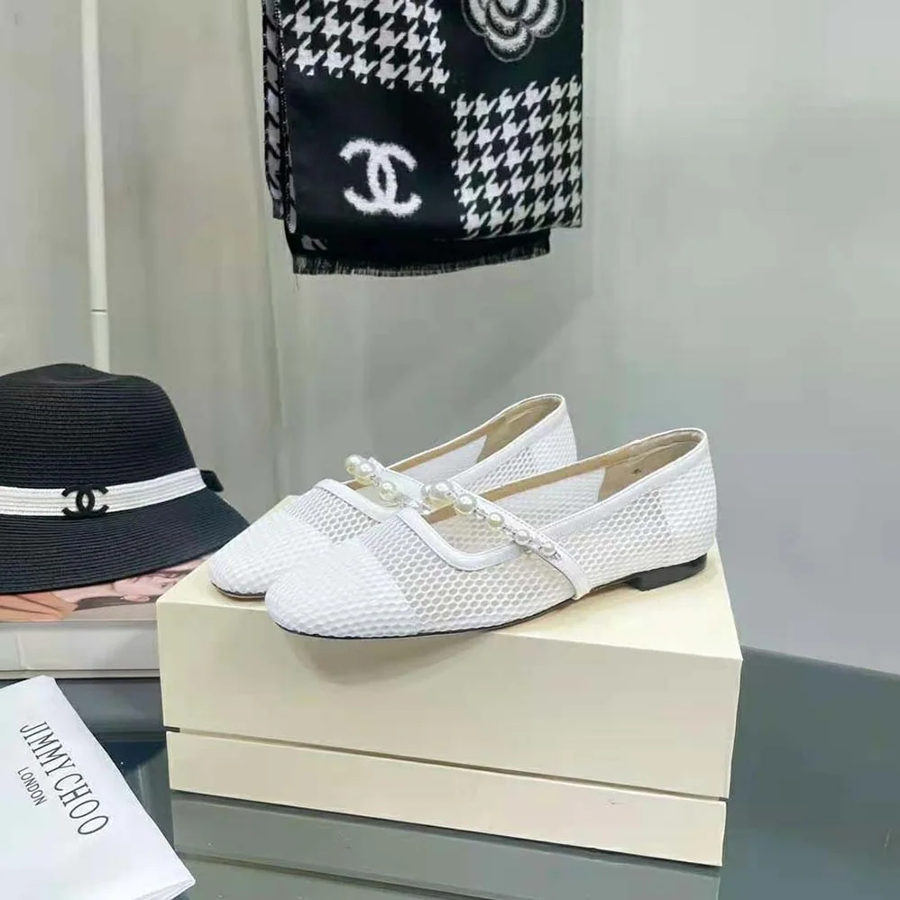 Jimmy Choo Ade Flat White Fishnet Mesh and Latte Nappa Flats with Pearl for Women in Embellished Strap