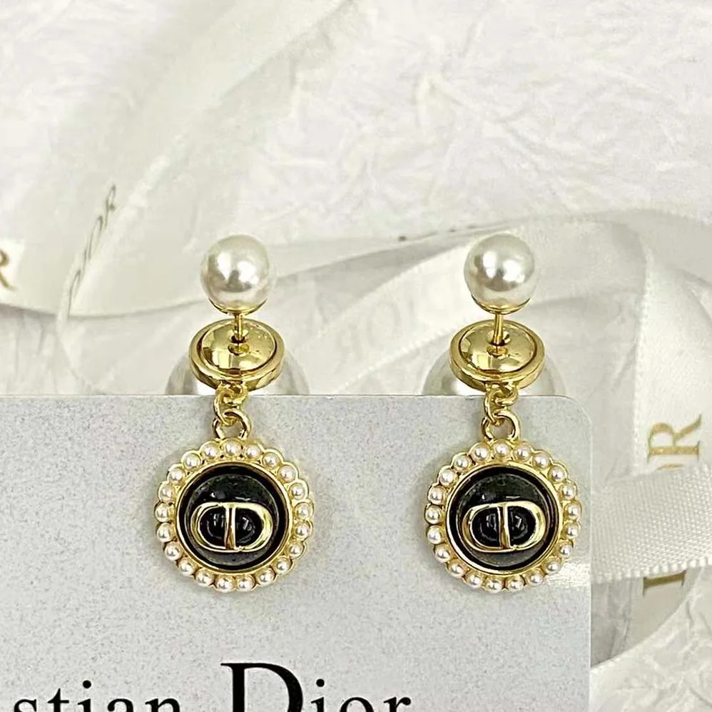 Dior Tribales Earrings Gold-Finish Metal with White Resin Pearls and Black Glass for Women Dior Tribales Earrings Gold-Finish Metal with White Resin Pearls and Black Glass for Women