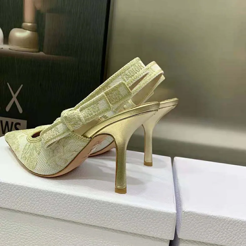 Dior J'Adior Slingback Pump White and Gold for Women in Tone Cotton Embroidered