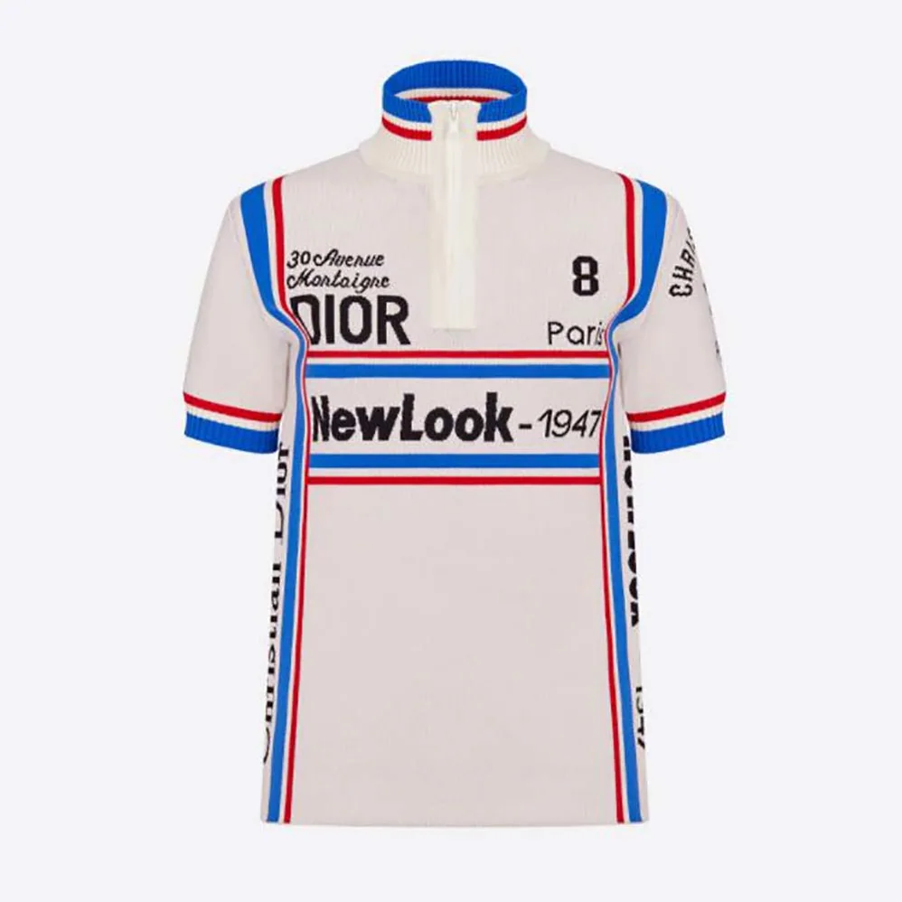 Dior Stand Collar Top White and Tricolor Stretch Viscose for Women