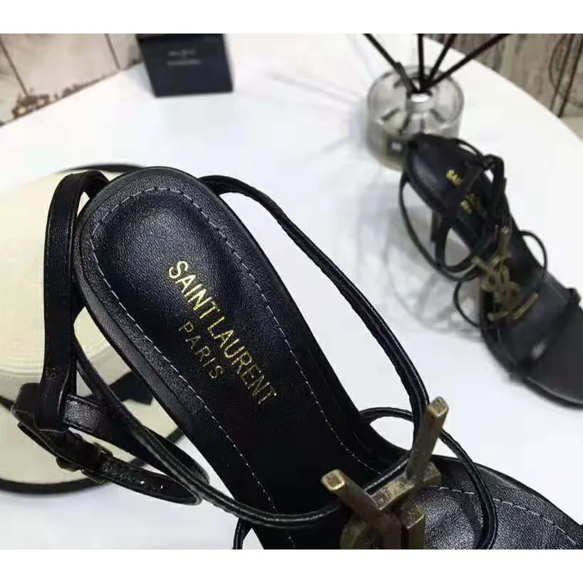 Saint Laurent YSL Cassandra Sandals with Gold Logo in Smooth Leather (110) Heel Height for Women in Black