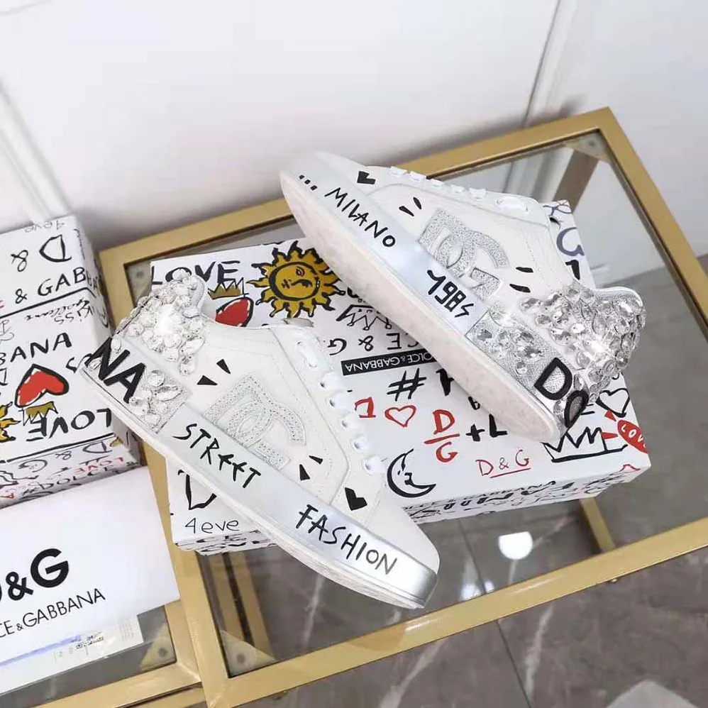 Dolce Gabbana D&G Printed Calfskin Nappa Portofino Sneakers with DG Logo and Embroidery for Men in Silver