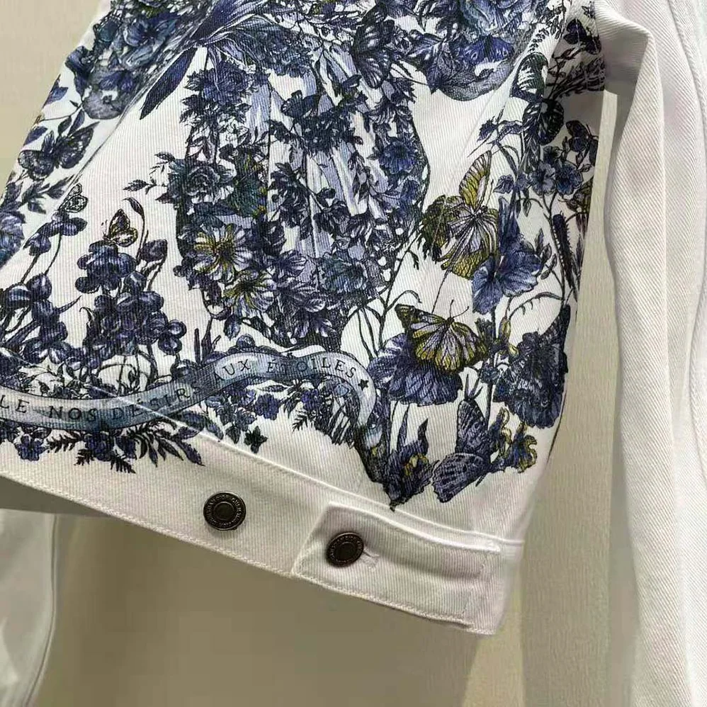 Dior Jacket Ecru Cotton Denim with Multicolor Butterfly Around the World Motif for Women Dior Jacket Ecru Cotton Denim with Multicolor Butterfly Around the World Motif for Women