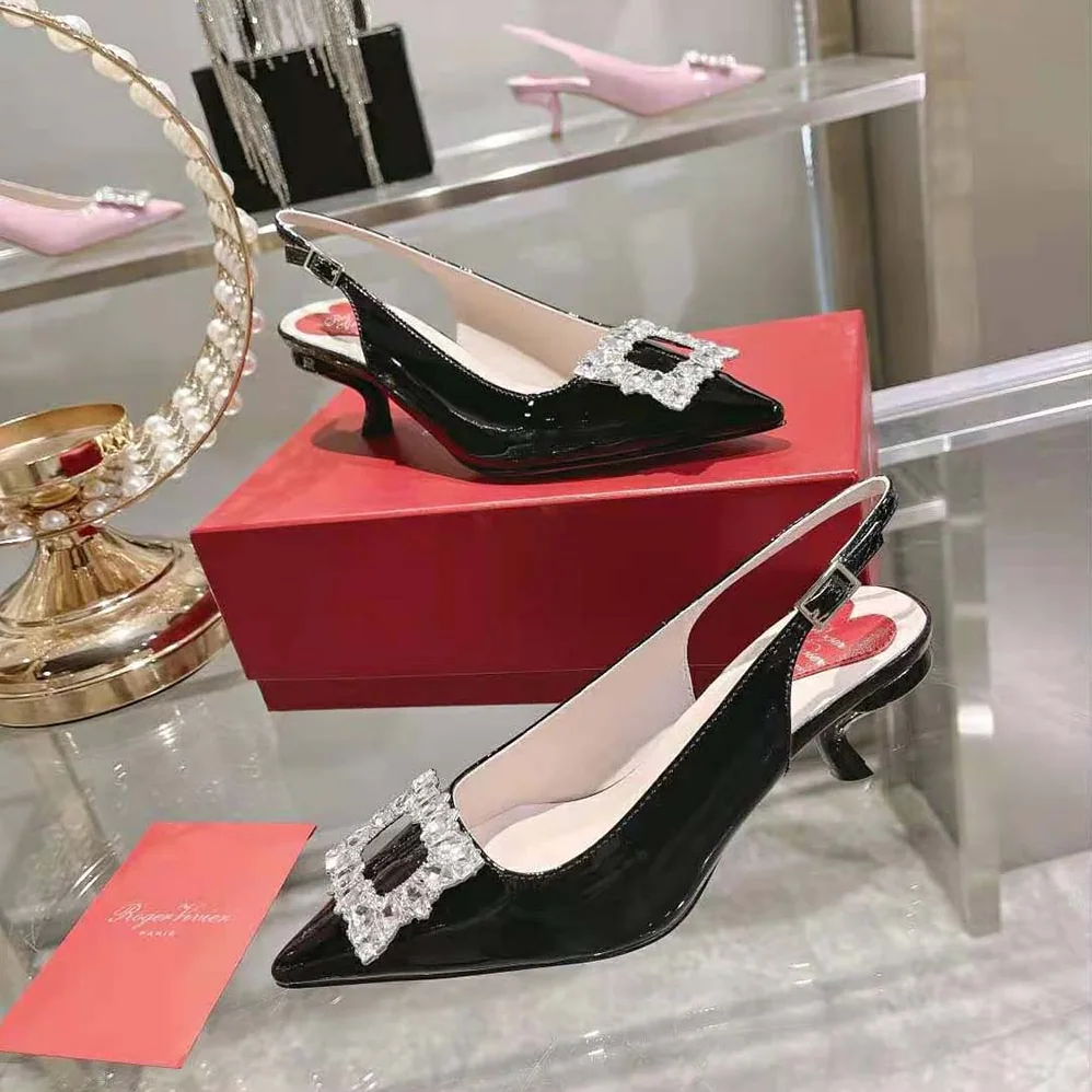 Roger Vivier Virgule Strass Buckle Slingback Pumps in Patent Leather for Women in Black Roger Vivier Virgule Strass Buckle Slingback Pumps in Patent Leather for Women in Black