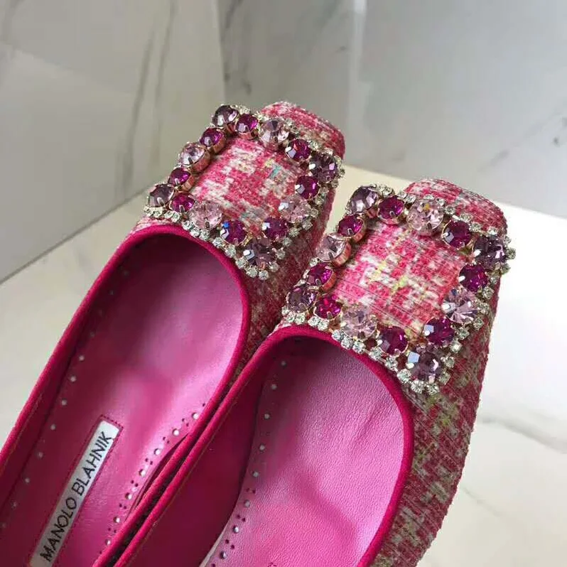 Manolo Blahnik Shoes Caza Pink Tweed Crystal Buckle Flats 10mm Heel for Women Manolo Blahnik Shoes Caza Pink Tweed Crystal Buckle Flats 10mm Heel for Women