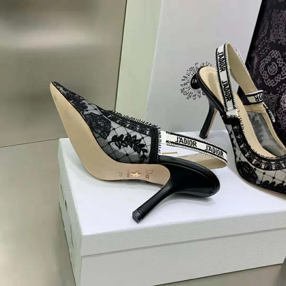 Dior J'Adior Slingback Pump Black Transparent Mesh Embroidered with Dior Roses Motif for Women