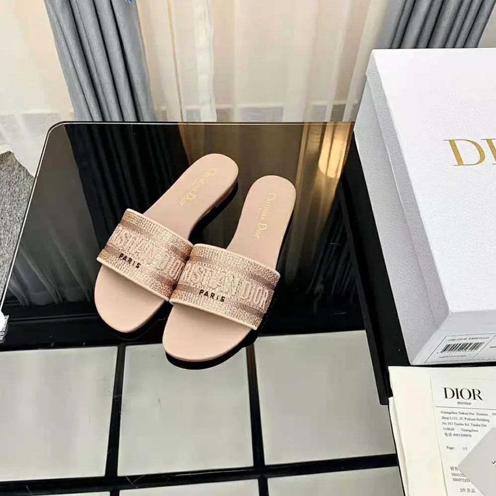 Dior Dway Slide Rose Des Vents Cotton Embroidered with Metallic Thread and Strass for Women