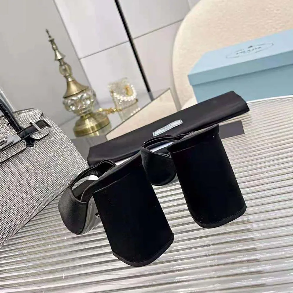 Prada High-Heeled Satin Slides for Women in Black Prada High-Heeled Satin Slides for Women in Black