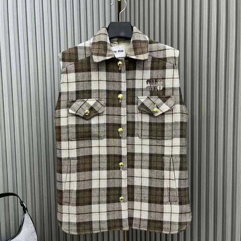 Miu Miu Check Blouson Vest with Embroidered Logo for Women Miu Miu Check Blouson Vest with Embroidered Logo for Women