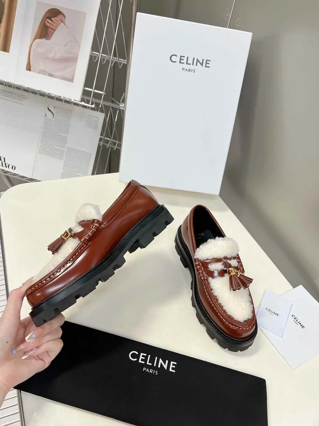 Celine Margaret Fur Loafer With Tassels Burgundy