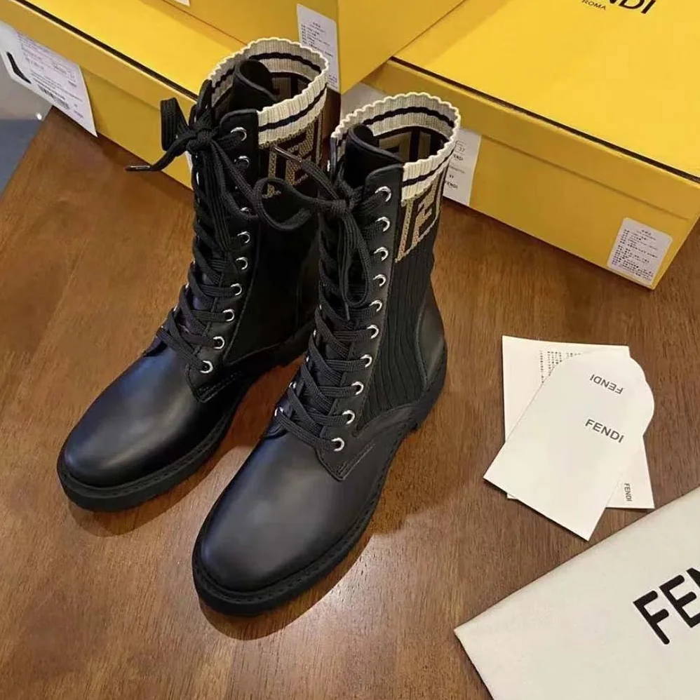 Fendi Rockoko Black Leather Biker Boots with Stretch Fabric for Women Fendi Rockoko Black Leather Biker Boots with Stretch Fabric for Women