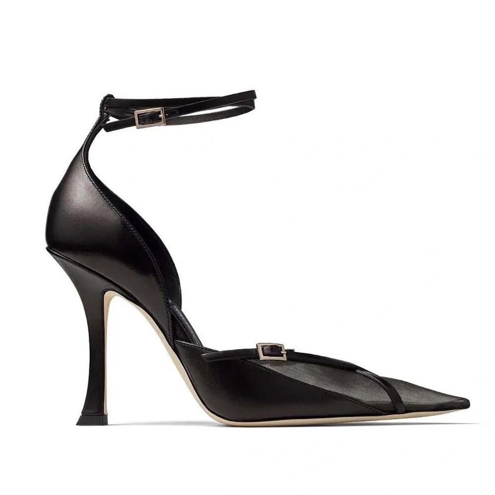 Jimmy Choo Mugler Strap Pump Black Kid Leather and Mesh Pumps with Straps for Women