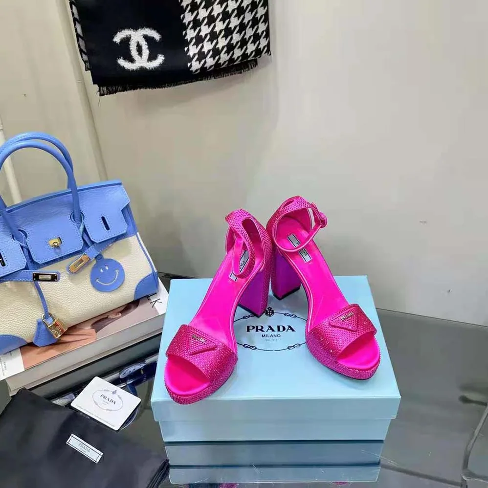 Prada Satin Platform Sandals with Crystals for Women in Pink