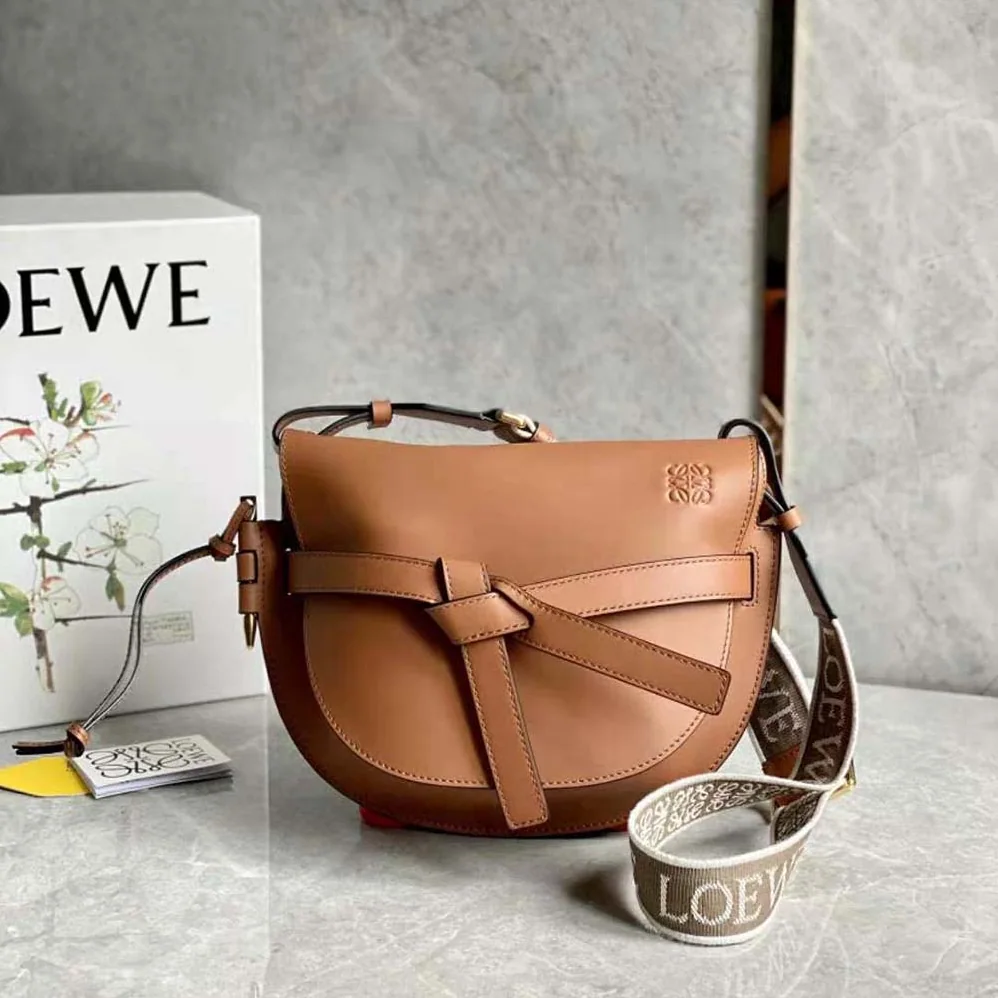 Loewe Small Gate Bag in Soft Calfskin and Jacquard for Women in Brown Loewe Small Gate Bag in Soft Calfskin and Jacquard for Women in Brown