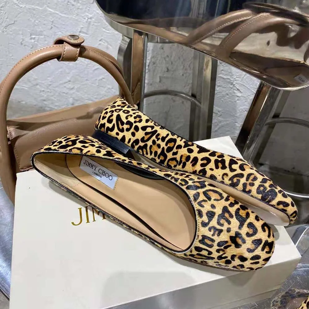 Jimmy Choo Mirele Flat Natural Mix Leopard Print Pony Flats with JC Emblem for Women Jimmy Choo Mirele Flat Natural Mix Leopard Print Pony Flats with JC Emblem for Women