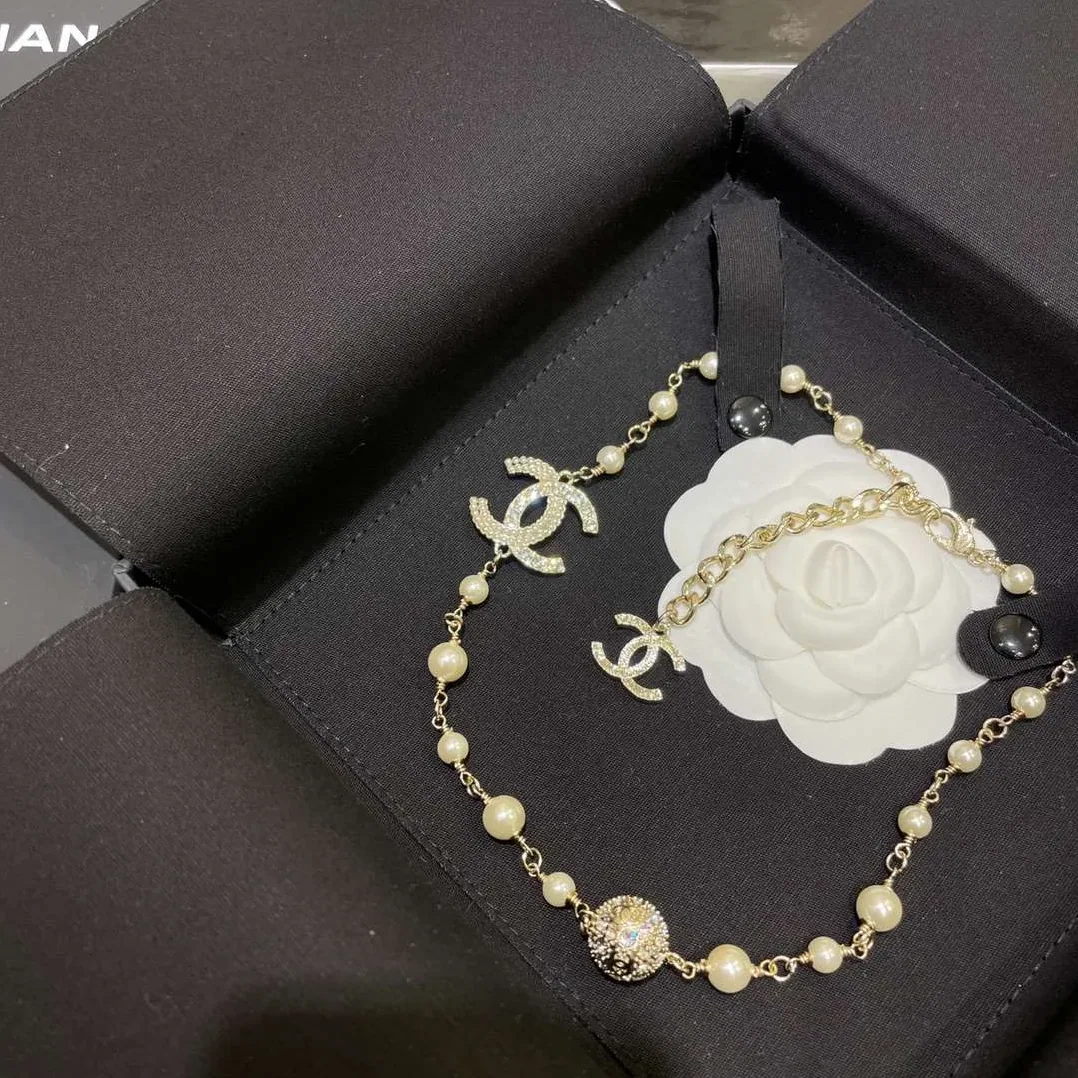 Chanel Round Crystal Pearl Necklace Gold