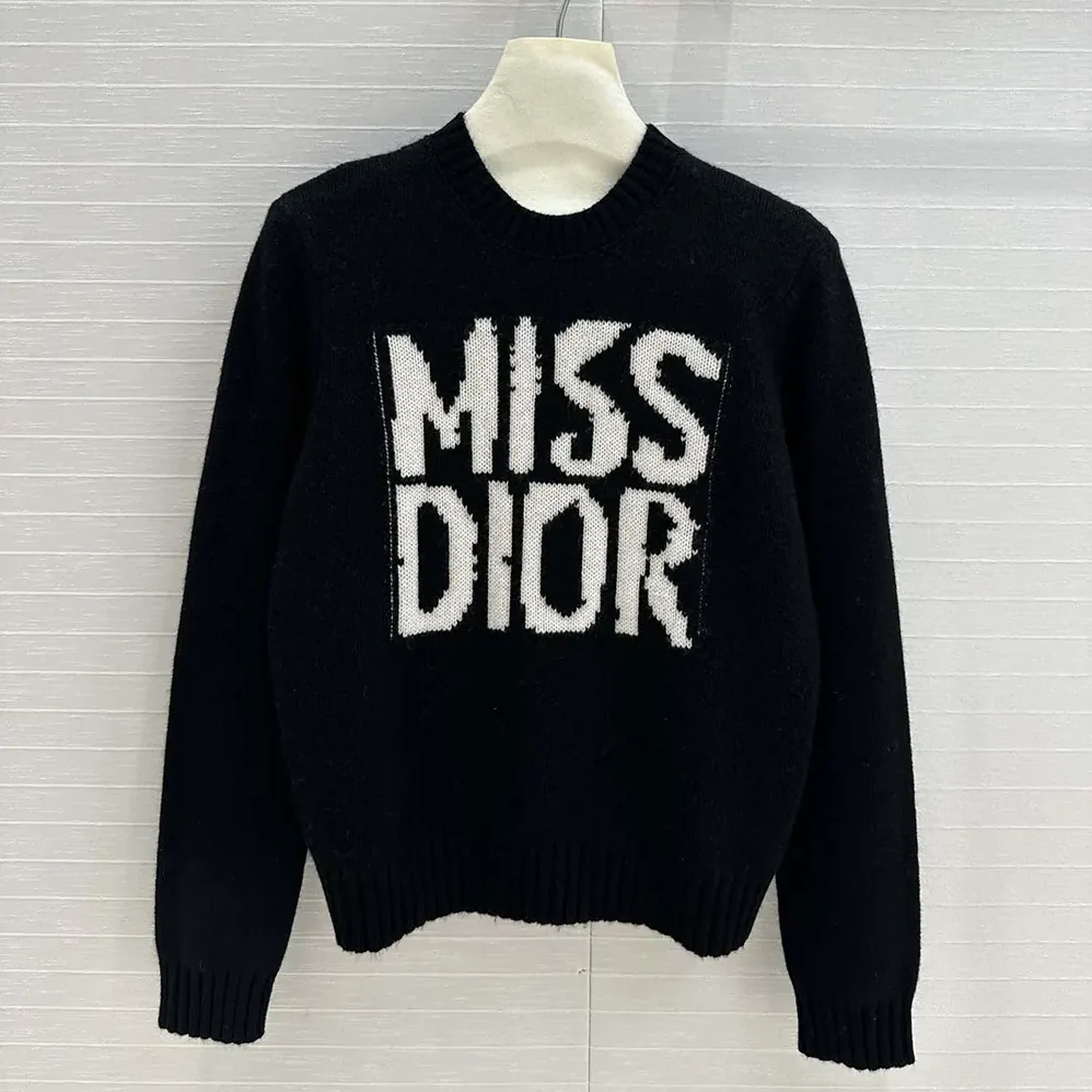 Dior Sweater Black Cashmere and Silk Knit with White Miss Dior Graffiti Motif for Women Dior Sweater Black Cashmere and Silk Knit with White Miss Dior Graffiti Motif for Women
