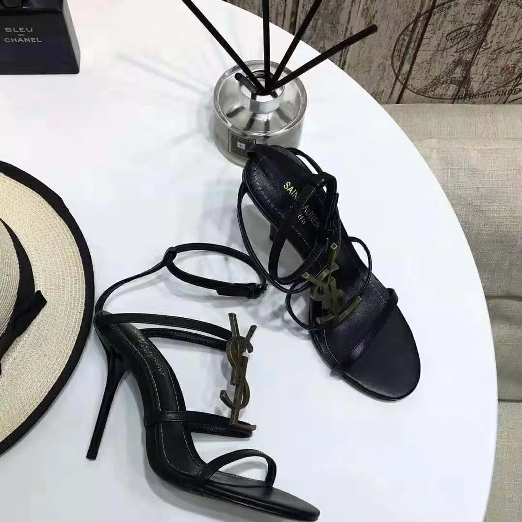 Saint Laurent YSL Cassandra Sandals with Black Logo in Patent Leather (110) Heel Height for Women in Black