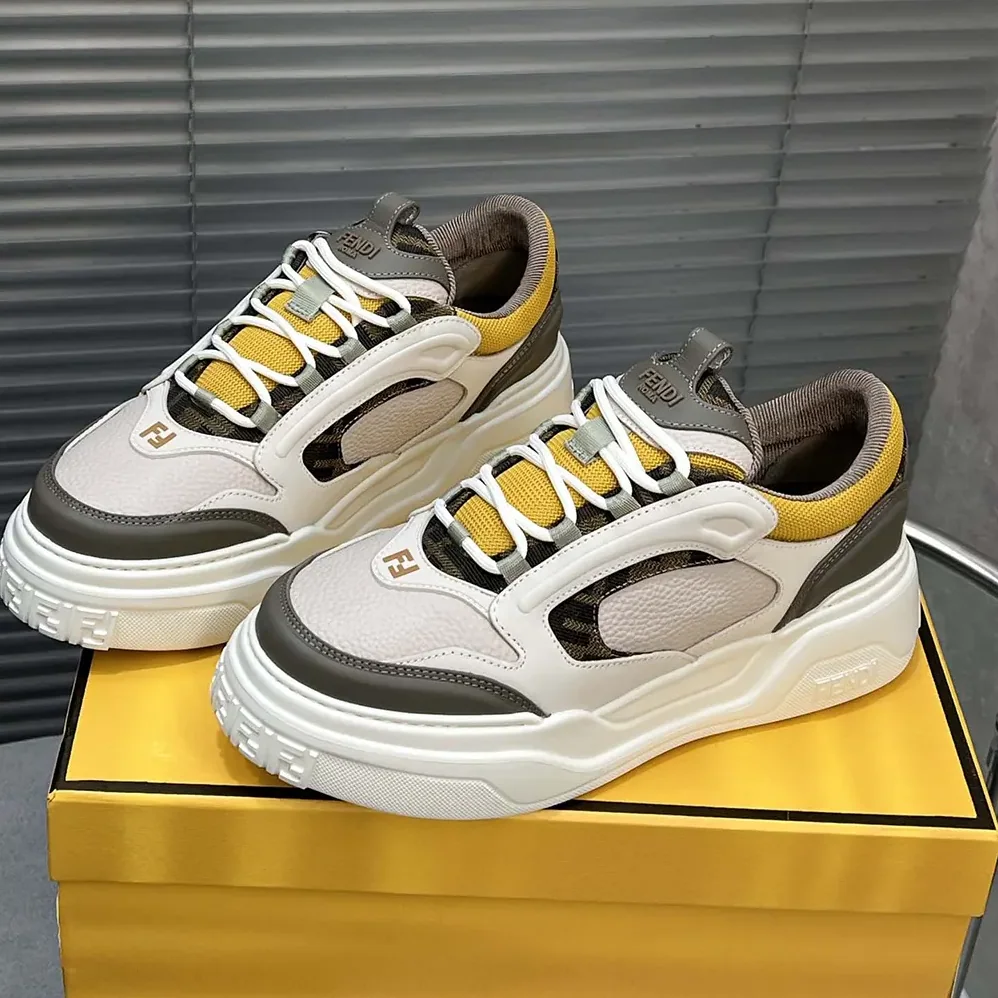 Fendi Fendi Force Sneakers White Brown and Yellow Leather Low for Unisex in tops