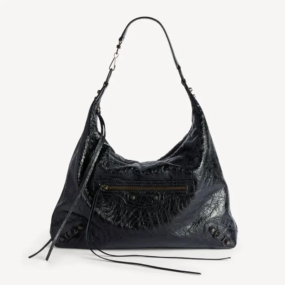 Balenciaga Le City Hobo Bag Medium in Black Arena Lambskin Brass Hardware for Women