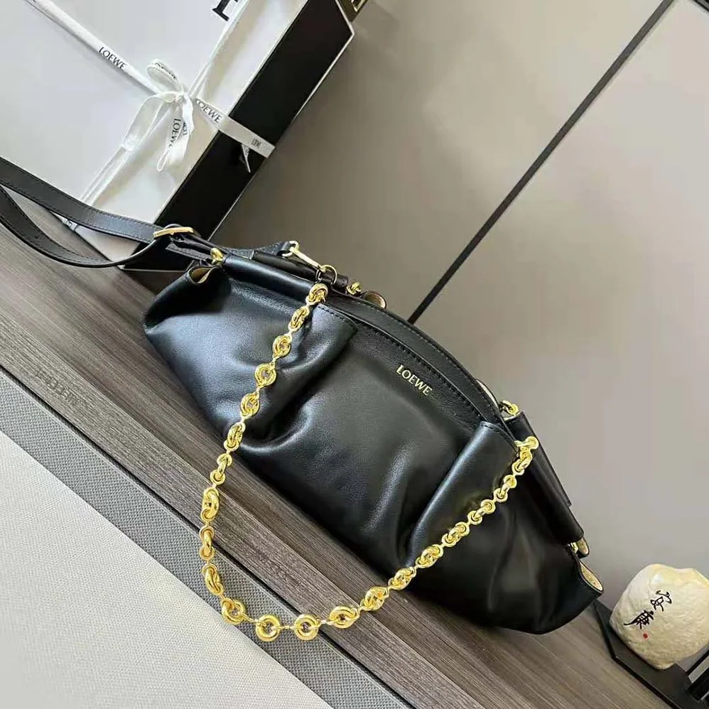 Loewe Small Paseo Bag in Shiny Nappa Calfskin with Chain for Women in Black